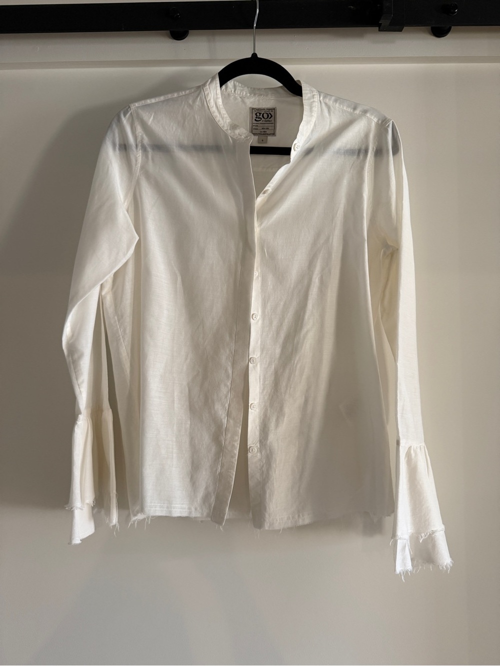 GO BY GO SILK White Mandarin Collar Button-Down with Flared Cuffs. Raw hem